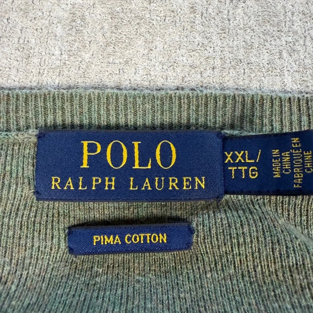Polo Ralph Lauren V-Neck Sweater Mens XXL Olive Green Pima Cotton Pony Logo
